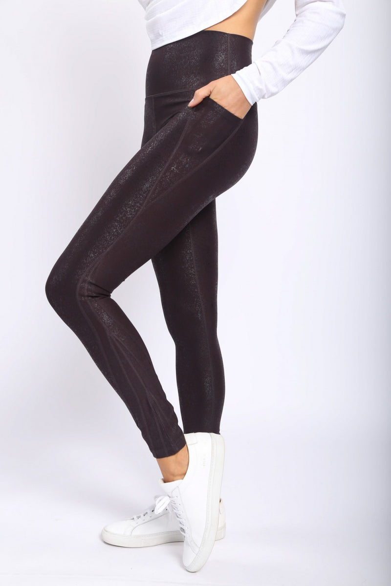 Highwaisted Foil Leggings With Side Pockets - Chocolate