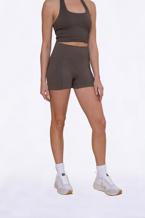 Ribbed & Smooth Combo Seamless Shorts - Ash Brown