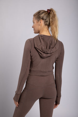 Brushed Cropped Zip Up Hoodie With Thumbholes - Cocoa