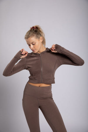 Brushed Cropped Zip Up Hoodie With Thumbholes - Cocoa