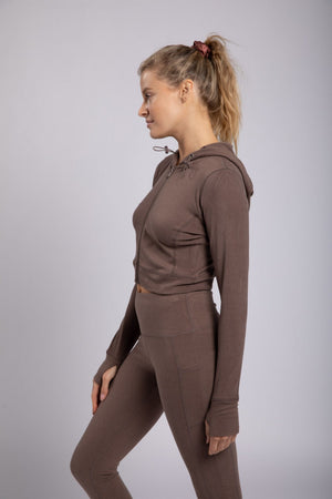 Brushed Cropped Zip Up Hoodie With Thumbholes - Cocoa