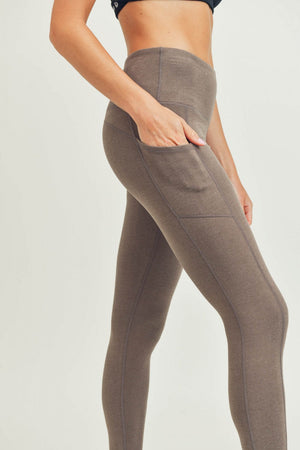 Micro-Ribbed Swoop Back High-Waisted Pocket Leggings - Cocoa