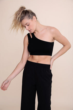 Double Strap One Shoulder Sports Bra-Black