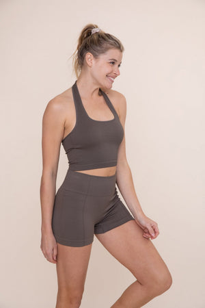 Ribbed Halter Seamless Active Top - Ash Brown